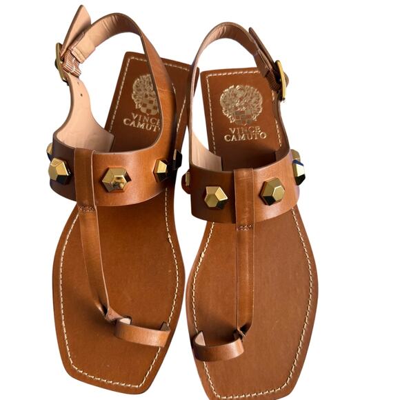 Vince Camuto Shoes - Vince Camuto Dailette	Tan Studded Thong Ankle Strap Sandals Size 8
